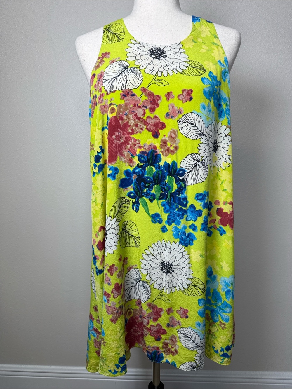 Alice +‎ Olivia Silk Mini Swing Dress Approx S Chartreuse Floral Garden Party